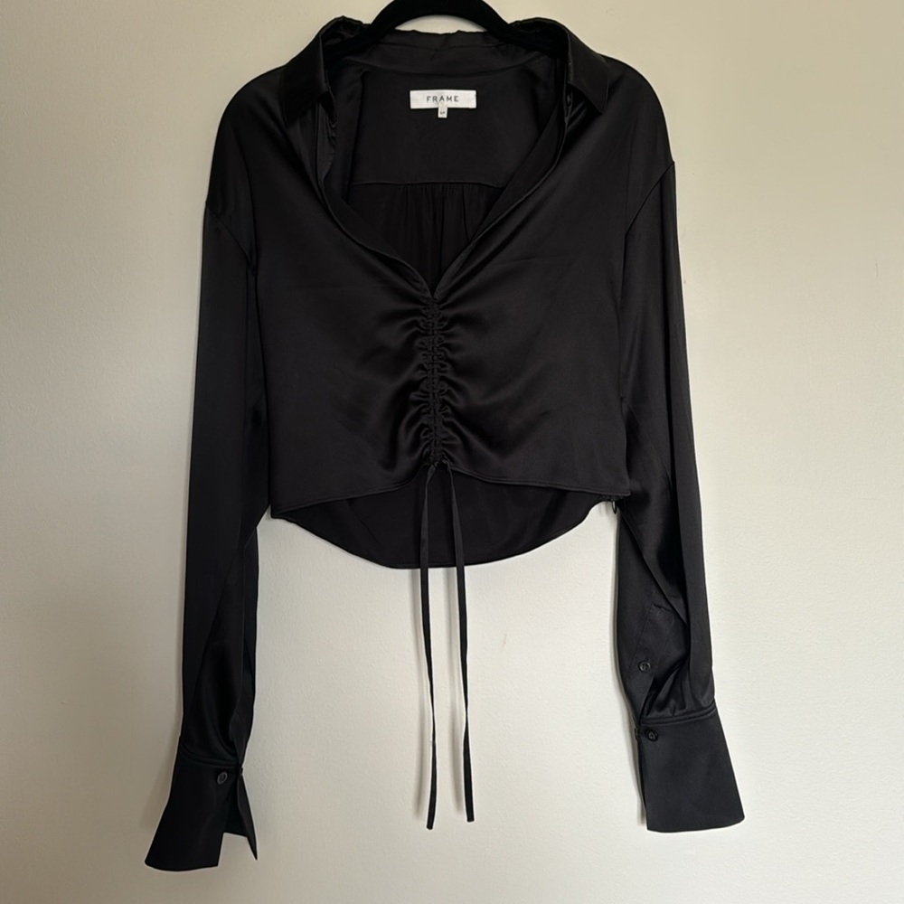FRAME Cinch Front Long Sleeve Silk Top Small - Picture 3 of 8